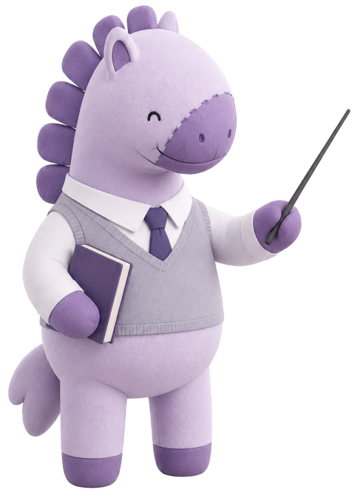 Luki, la mascota oficial de Kids Town, vestido como profesor sosteniendo un libro y señalando