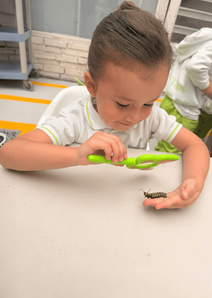 Niña explorando la naturaleza y observando un insecto durante actividad educativa en Kids Town