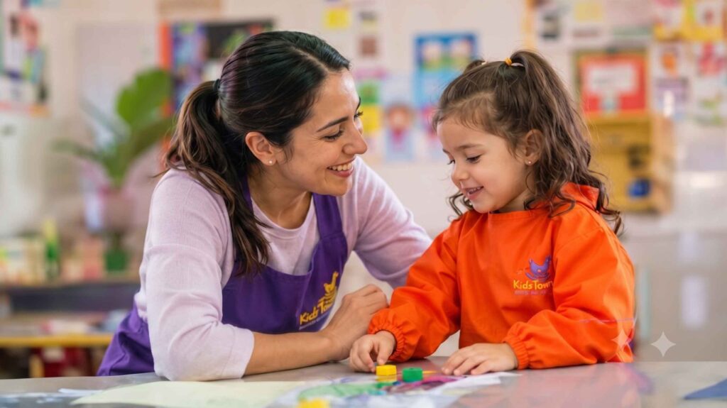 Docente acompañando a una niña en actividad pedagógica en Kids Town