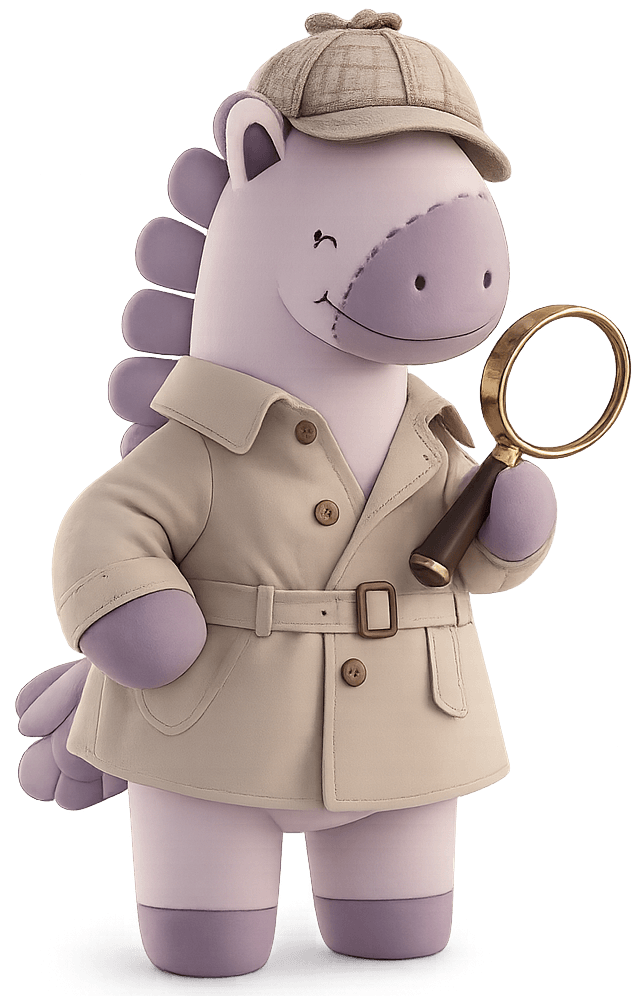 Luki, la mascota de Kids Town, vestido como investigador con lupa y sombrero