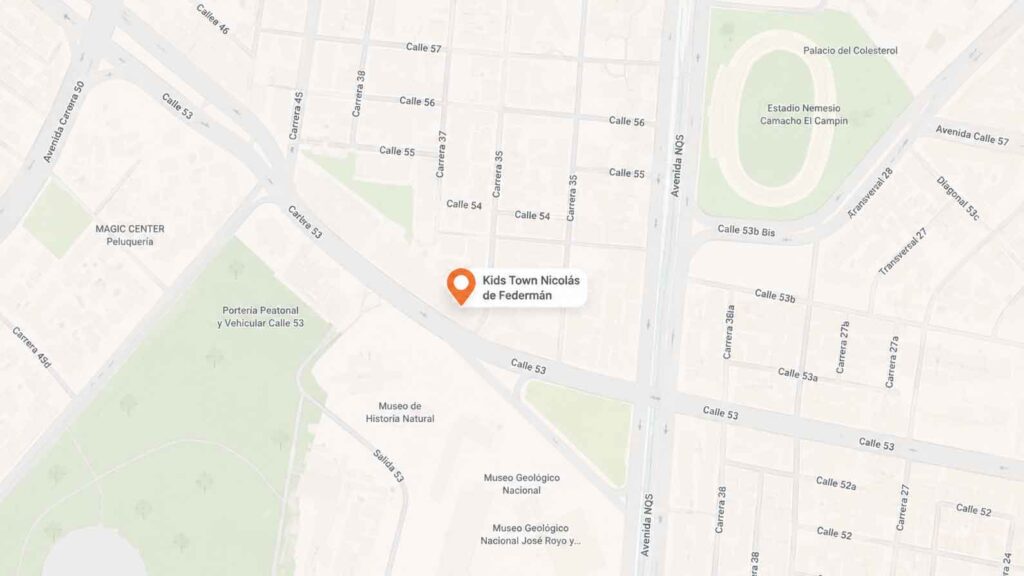 Mapa de ubicación de la sede Nicolás de Federmán de Kids Town en Bogotá